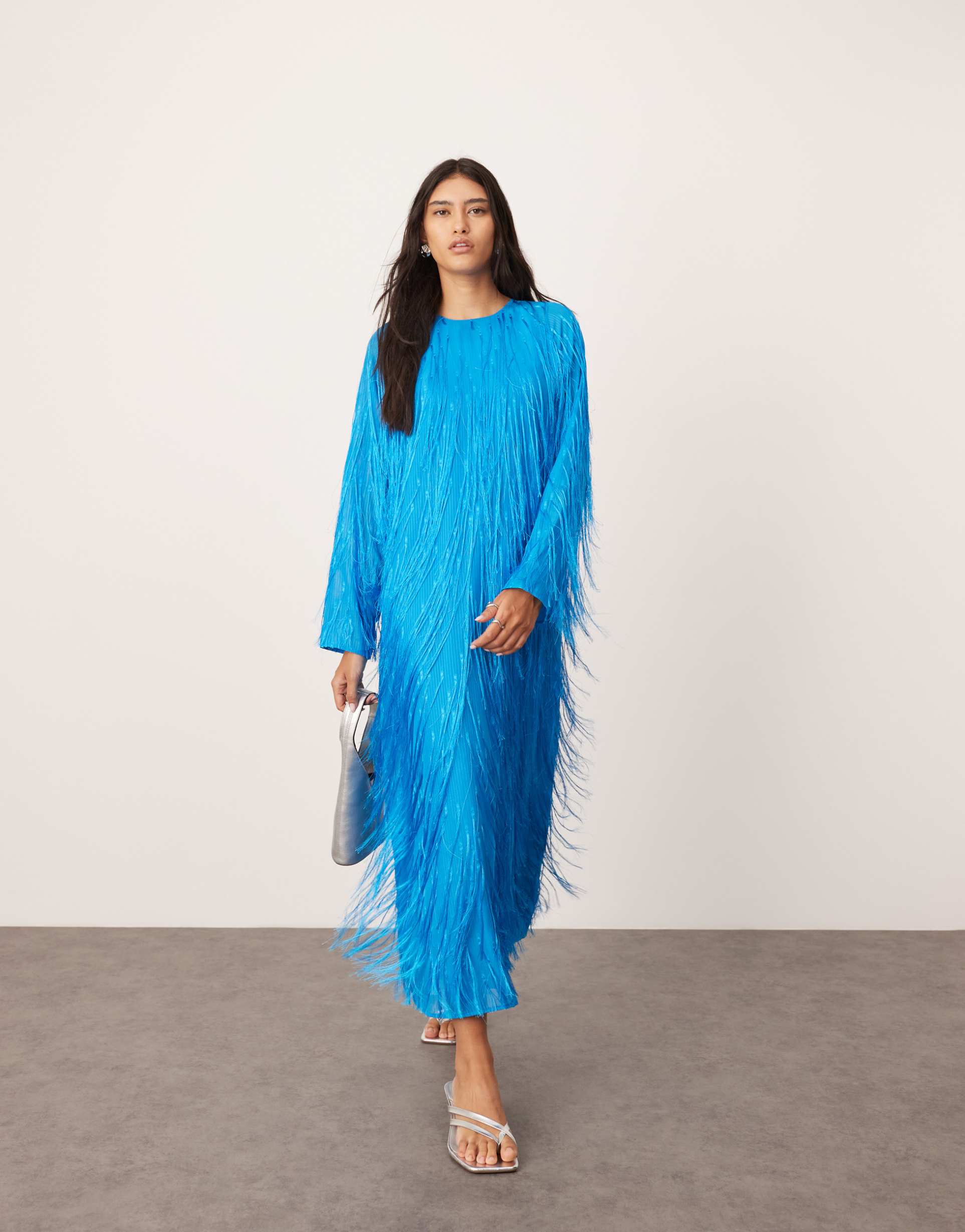 asos edition fringe detail crew neck maxi dress in bright blue