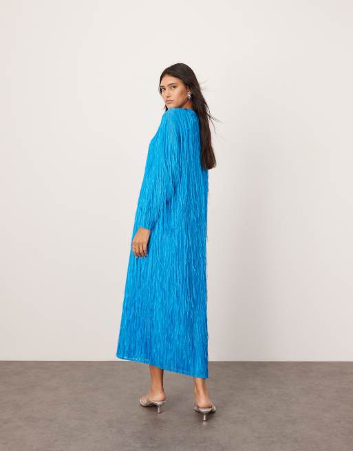 ASOS EDITION fringe detail crew neck maxi dress in bright blue, 2 of 4