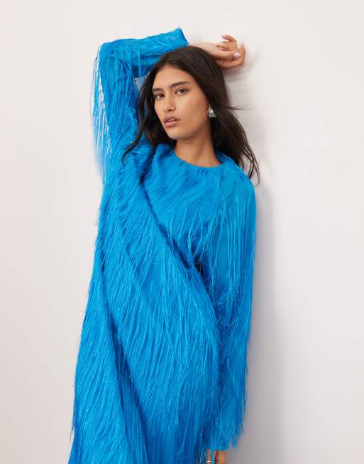 asos blue fringe dress ASOS EDITION fringe detail crew neck maxi dress in bright blue
