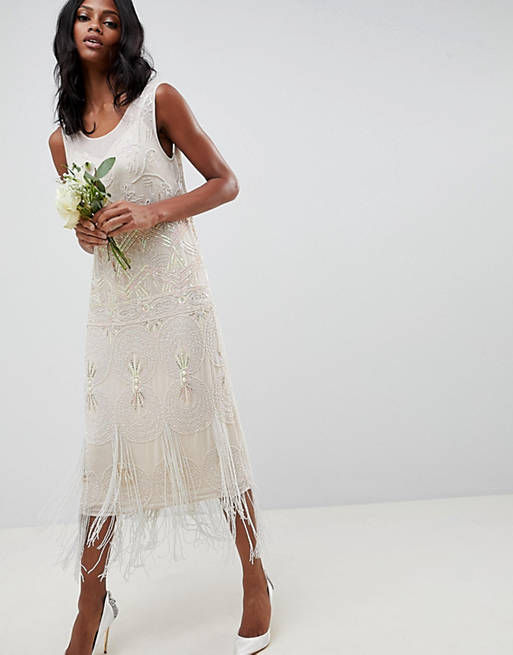ASOS EDITION fringe embellished midi wedding dress with a low back