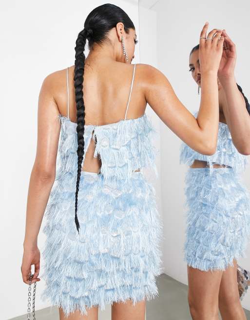 ASOS EDITION fringe jacquard cami crop top co ord in ice blue