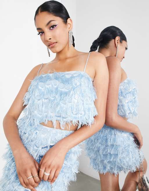 ASOS EDITION fringe jacquard crop top & mini skirt set in ice blue