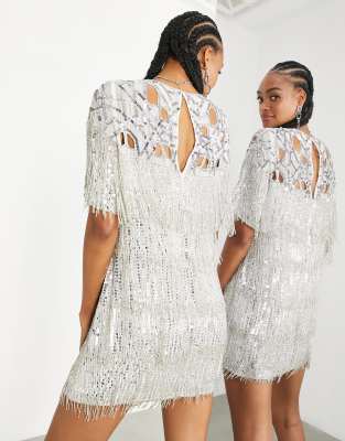 Asos silver outlet fringe dress