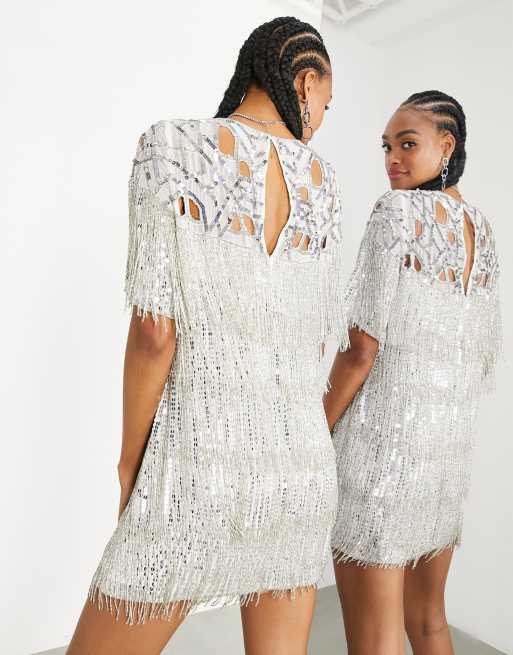 ASOS EDITION fringe mini sequin dress with cutwork in silver | ASOS