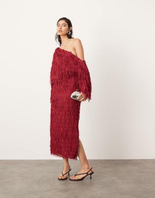 ASOS EDITION fringe slouchy off shoulder maxi dress in red-Multi