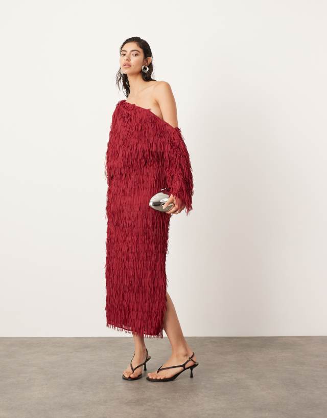 ASOS EDITION - fringe slouchy off shoulder maxi dress in red