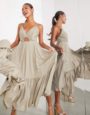 ASOS EDITION full cami dress with tiered hem and cut-out detail in sand-Neutral