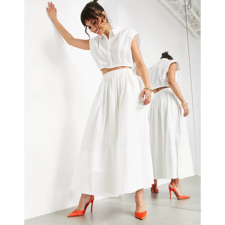 スカート TheLatest White cotton midi skirt Women's Cotton Skirt, Midi Skirt, Elastic Waist Skirt, White