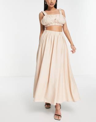 Asos Design Full Linen Midi Skirt In Stone-white