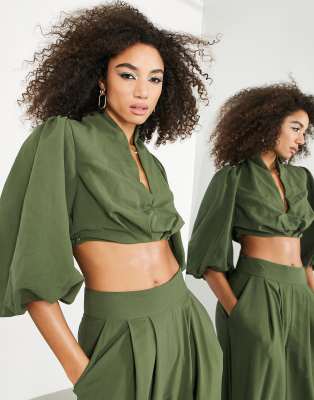 full pleated sleeve halterneck top in olive green