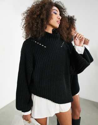 ASOS EDITION funnel neck chunky oversized sweater in fisherman rib in black