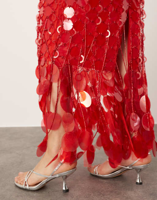 ASOS Edition - Futurist - Gonna lunga rossa decorata con paillettes e frange sull'orlo, 2 di 4