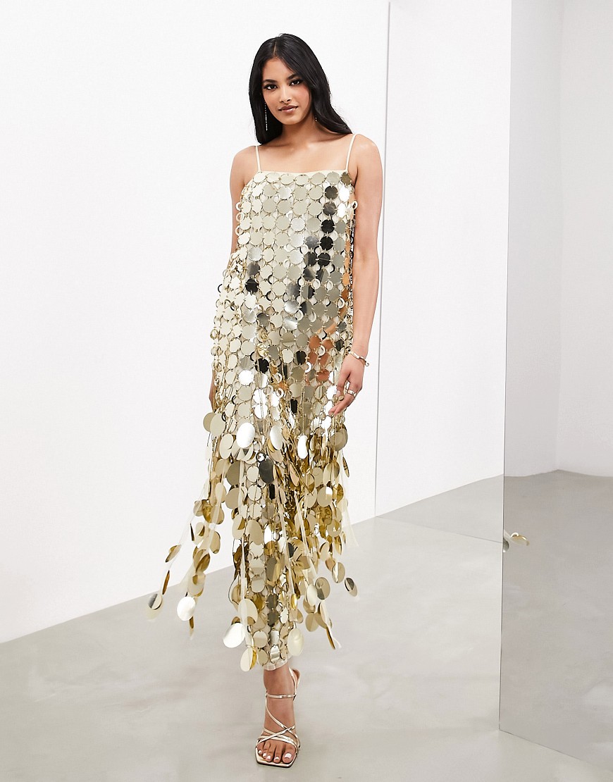 Asos Design Futurist Sequin Cami Column Midaxi Dress With 3d Fringe In Gold