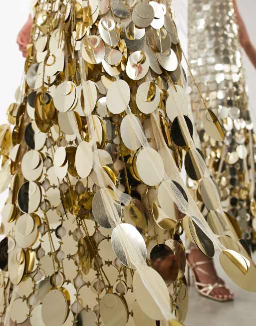 ASOS EDITION Futurist sequin cami column midaxi dress with 3D fringe in gold  | ASOS
