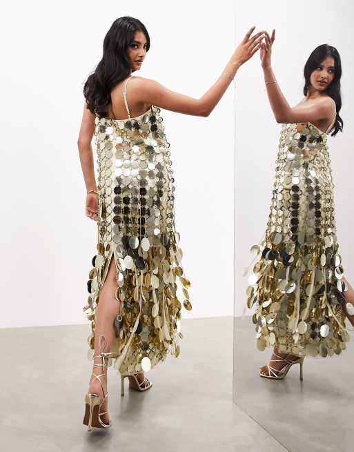 ASOS EDITION Futurist sequin cami column midaxi dress with 3D fringe in gold