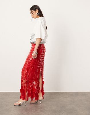 futurist sequin embellished fringe hem maxi skirt in red