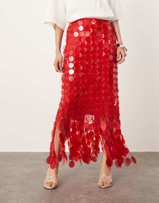 ASOS EDITION futurist sequin embellished fringe hem maxi skirt in red