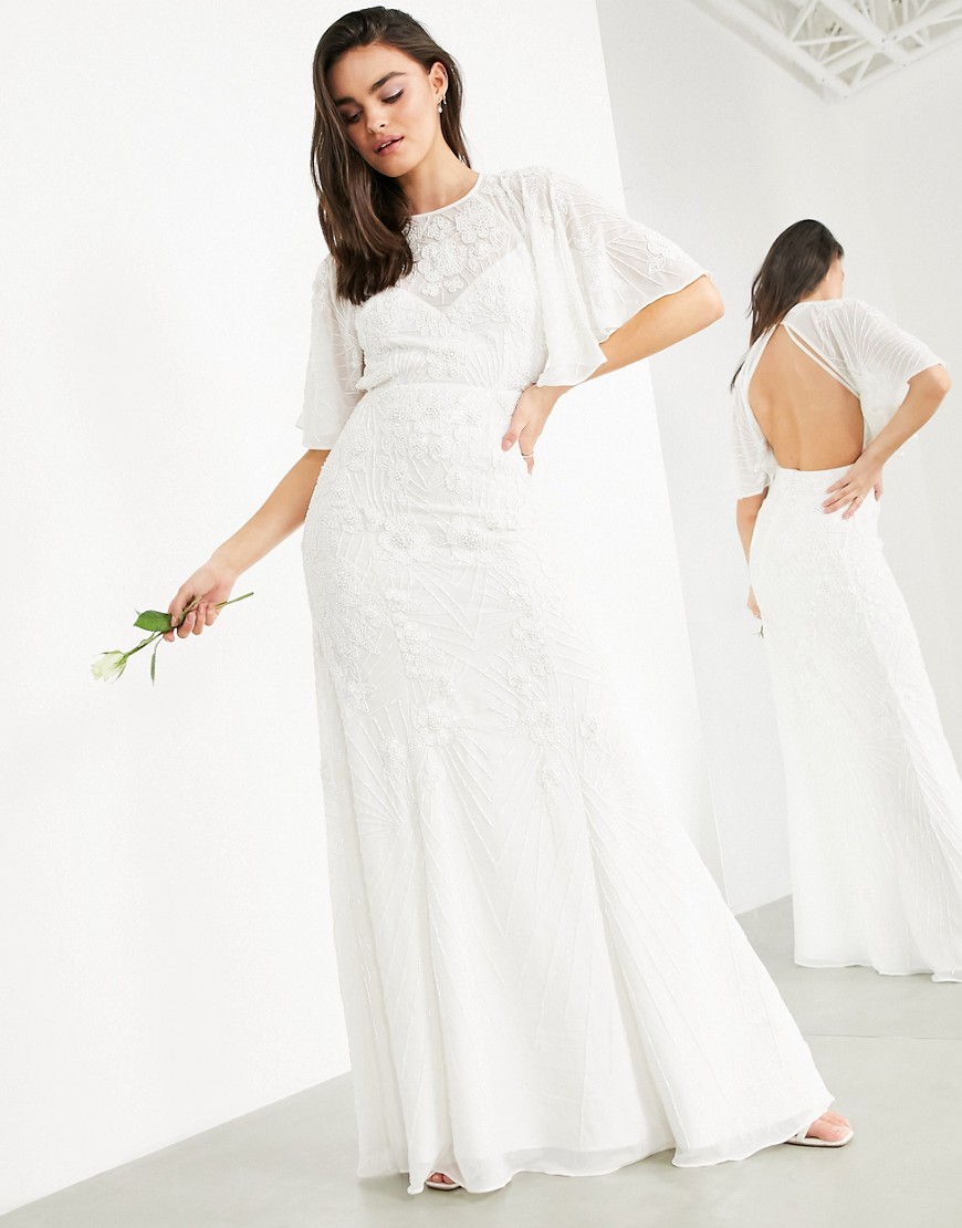 Asos Design Gabriella Vintage Embellished Wedding Dress With Flutter Sleeve-white