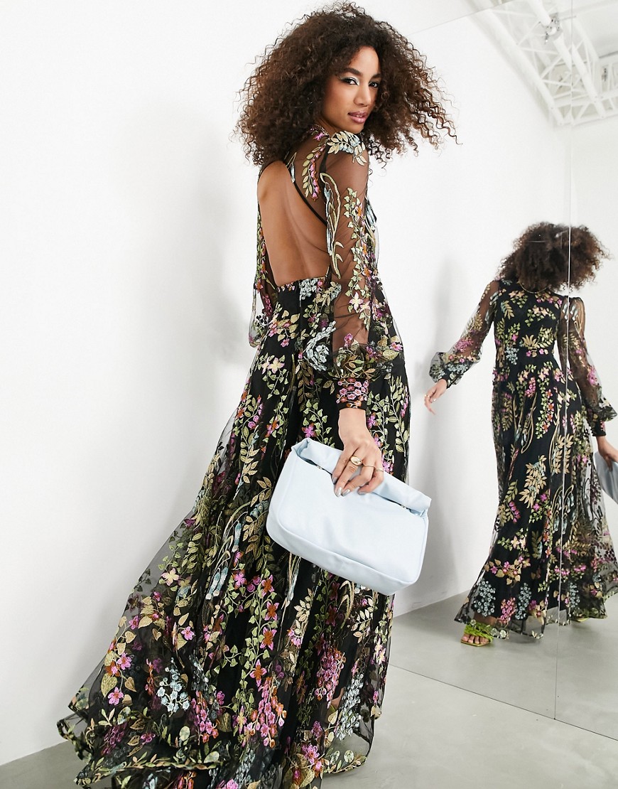 ASOS EDITION garden floral embroidered maxi dress with open back-Multi