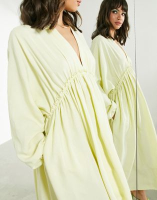 ASOS EDITION gathered waist batwing midi dress in washed lime - ASOS Price Checker