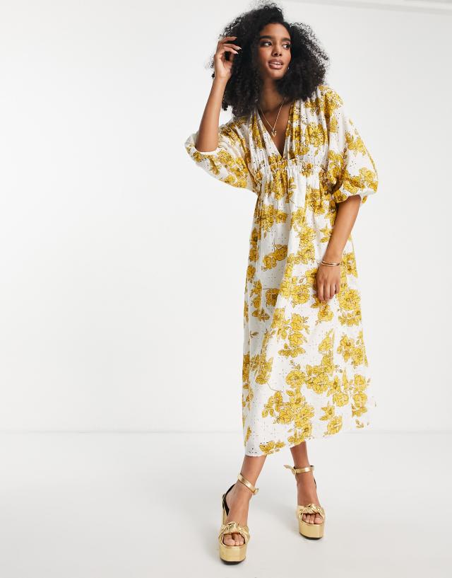 ASOS EDITION - gathered waist broderie midi dress in floral print