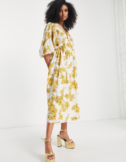 ASOS EDITION gathered waist broderie midi dress in floral print, 3 of 4