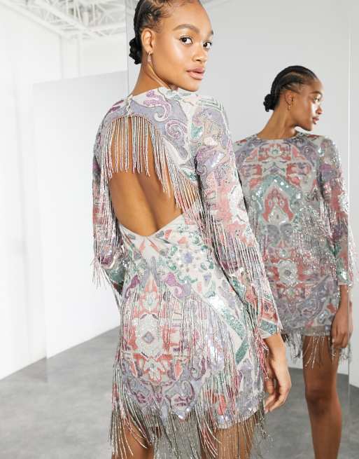 ASOS EDITION - Geborduurde mini-jurk met abstracte kralen en franje