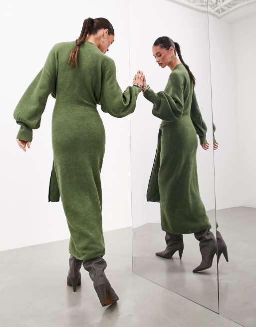 ASOS EDITION - Gebreide maxi-jurk met overslag en blousonmouwen in kaki, 4 van 4