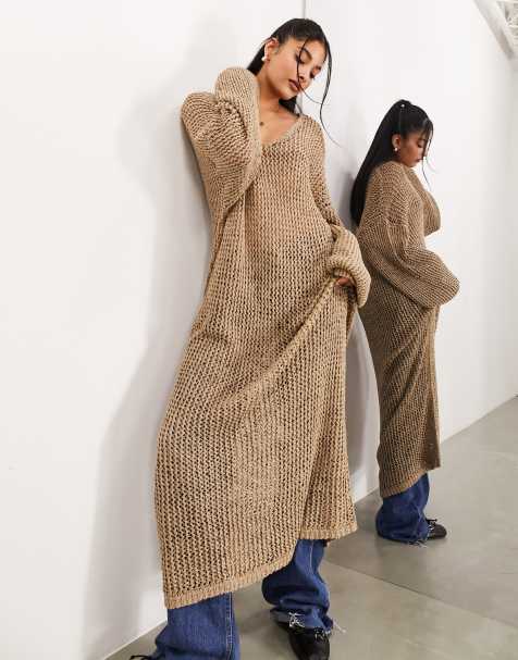 ASOS EDITION - Gebreide oversized maxi jurk met open steken in lichtbeige - view 1