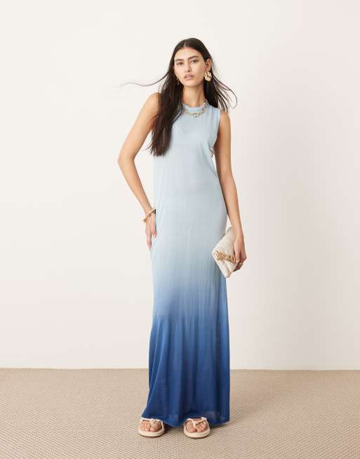 ASOS Edition - Gennemsigtig ærmeløs maxikjole i strik med søjlesnit og blå ombre-effekt