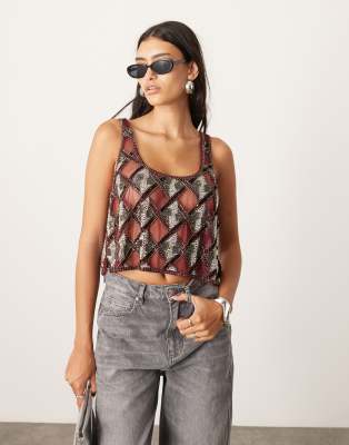 ASOS EDITION ASOS EDITION geo embellished cut work vest top in red-Multi