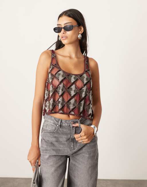  ASOS EDITION geo embellished cut work vest top in red