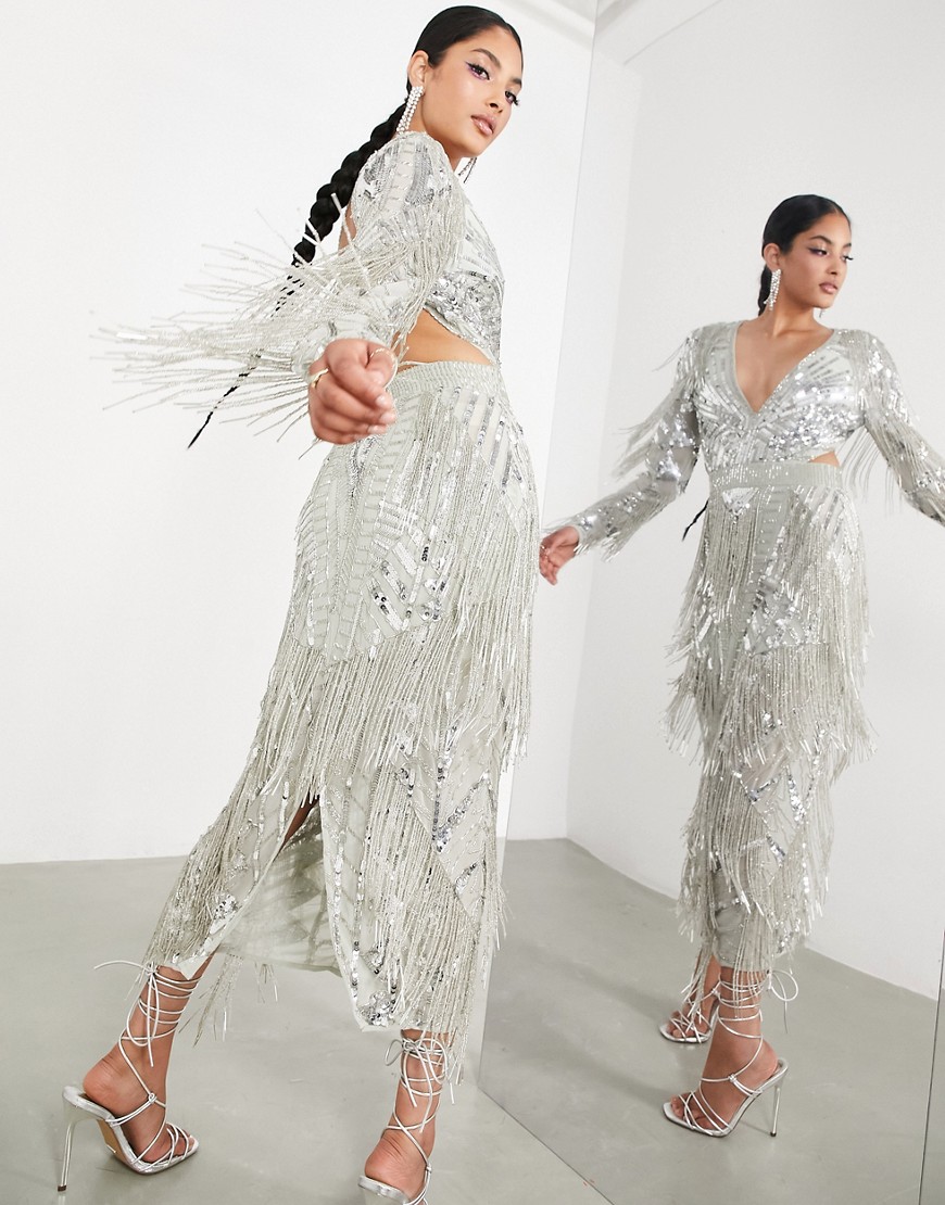 ASOS EDITION geo embellished fringe plunge midi dress in silver
