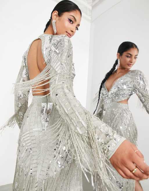 Silver sequin embellished fringe cheap dress