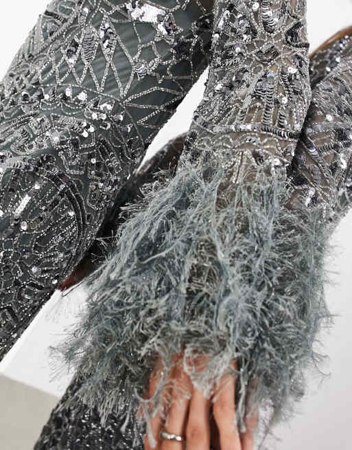 ASOS EDITION sequin and faux feather mini dress with low back in charcoal