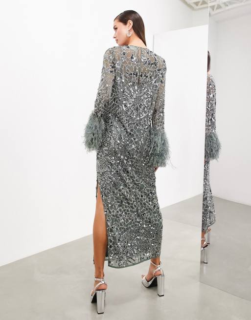 ASOS EDITION geo embellished long sleeve maxi dress with faux feather cuff  in charcoal