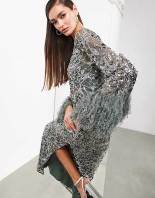 ASOS EDITION geo embellished long sleeve maxi dress with faux feather cuff  in charcoal | ASOS