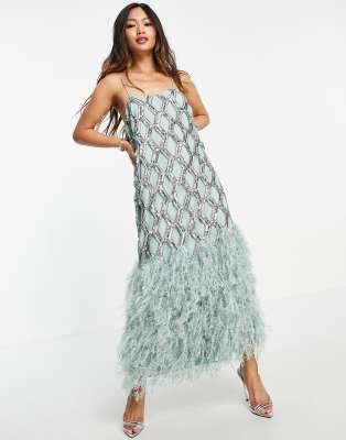 ASOS EDITION geo sequin cutwork midi dress with faux feather hem | ASOS