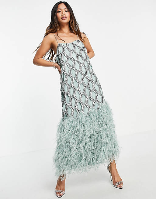 ASOS EDITION geo sequin cutwork midi dress with faux feather hem