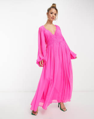 ASOS EDITION - Gerafftes Maxikleid aus Chiffon in Knallpink-Rosa