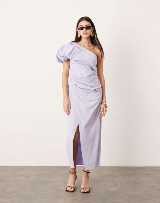 ASOS EDITION - Gerimpelde maxi jurk met blote schouder in lila