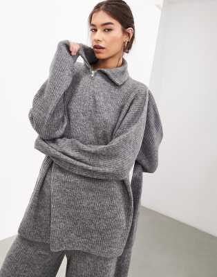 ASOS EDITION - Gerippter Strickpullover in Hellgrau mit Reißverschluss, Kombiteil