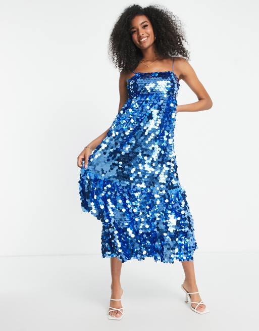 ASOS EDITION – Gestuftes Camisole-Midikleid in Blau mit Paillettenbesatz, 4 von 4