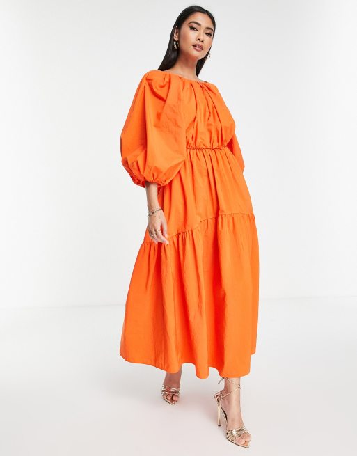 ASOS EDITION Gestuftes Midikleid in leuchtendem Orange mit Puffarmeln und Bindeband am Rucken ASOS