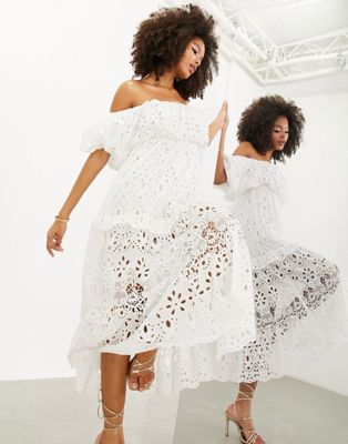 ASOS EDITION blouson off shoulder tiered broderie midi dress in white - ASOS Price Checker