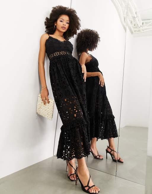 ASOS EDITION - Getailleerde midi cami-jurk met broderie in zwart