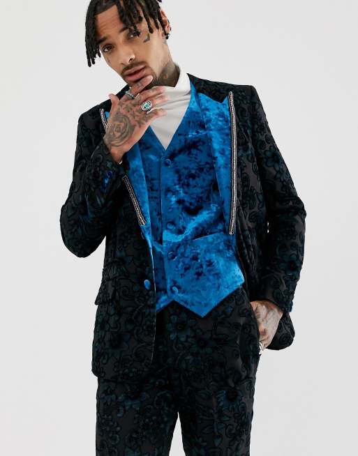 ASOS EDITION - Giacca stile smoking slim in velluto verde-azzurro effetto dévoré