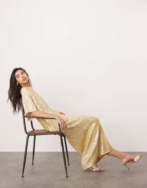 ASOS EDITION - Gonna lunga in maglia color crema con paillettes in coordinato