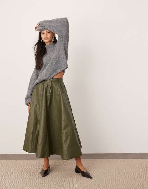 ASOS Edition - Gonna midi a ruota in similpelle PU verde kaki stropicciata - view 1