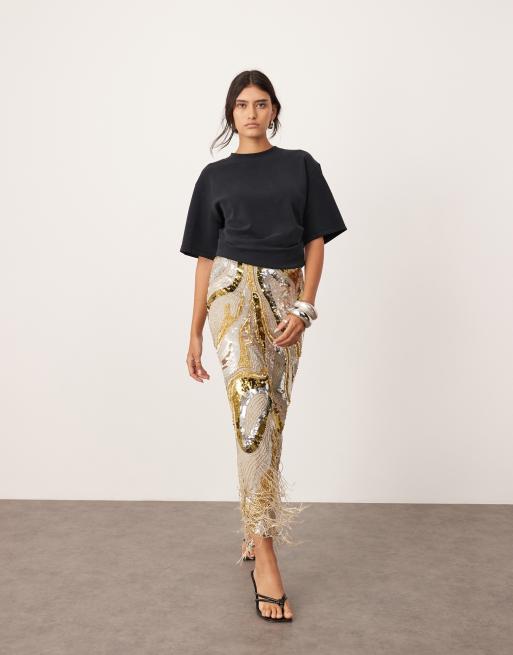 ASOS Edition Gonna midi con motivo a onde e frange con strass color oro